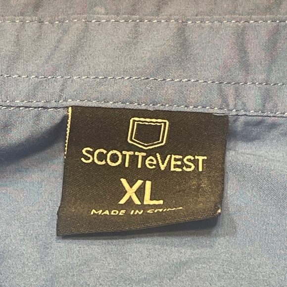 Scottevest Beachcomber Button Up Shirt XL Blue Multiple Hidden Pockets EUC - Picture 10 of 15